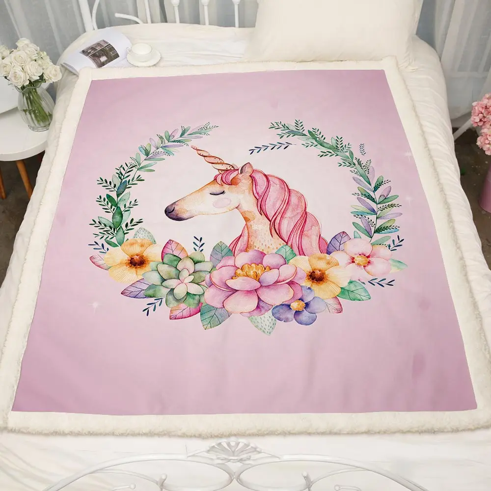 Miracille одеяло с рисунком единорога из мультфильма бархатное одеяло с цветочным рисунком и плюшевым принтом s для детей, тонкое Флисовое одеяло для дивана из шерпы для девочек