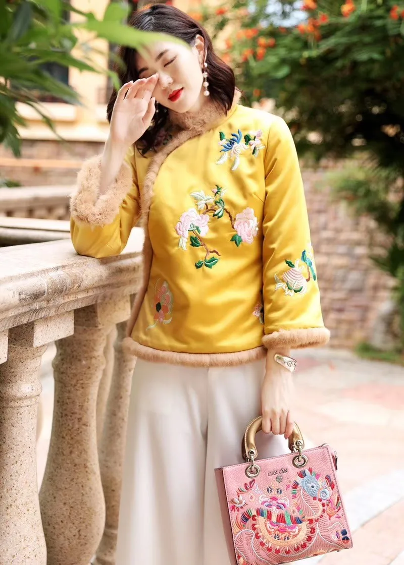 

Autumn And Winter Cotton Coat Women's 2019 New Style Elegant Debutante Faux Rabbit Fur Collar Slim Fit Short Chinese Costume For