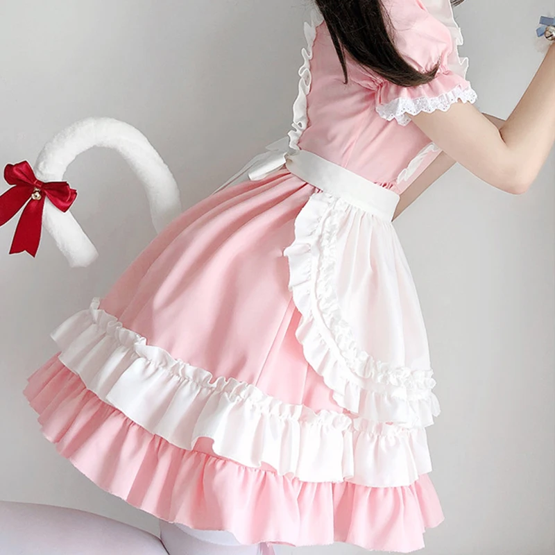 Girls Cute Cat Lolita Maid Dress Pink Costumes Cosplay Suit Headwear