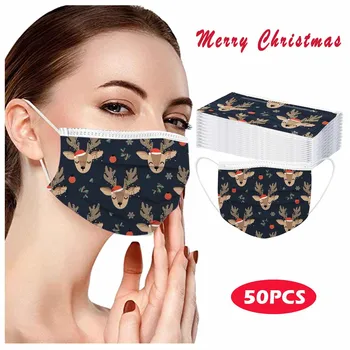 

50pcs Christmas Elk Printed Mask Adult's Disposable Protection Facemask 3ply Breathable Mouth Cover Ear Loop Mascarillas