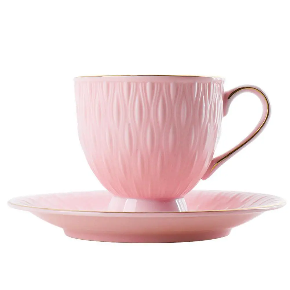 Pink 2 шт./компл. 190 мл сплошной Цвет тиснение Кофе чашка+ блюдце набор посуда набор - Цвет: Pink