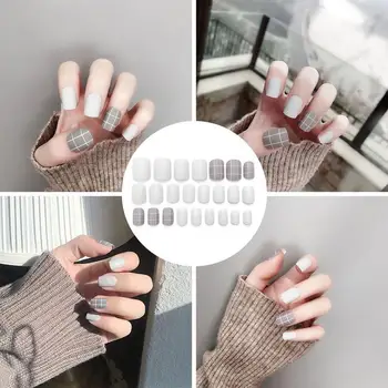 

24pcs Matte Gray White Short False Nails Full Set Of Color Products Nail Nail Lattice Patches Solid R8G2