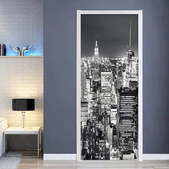 

Black White Night City View Building Scene Door Sticker Self adhesive Dorm Door Stickers Renovation Removable Posters Vinyl