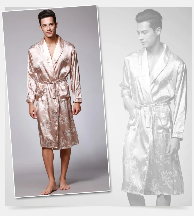 Винный банный халат, халат, пижама для мужчин, шелковое летнее и осеннее роскошное кимоно, Атласный халат с принтом, до колен, с длинным
