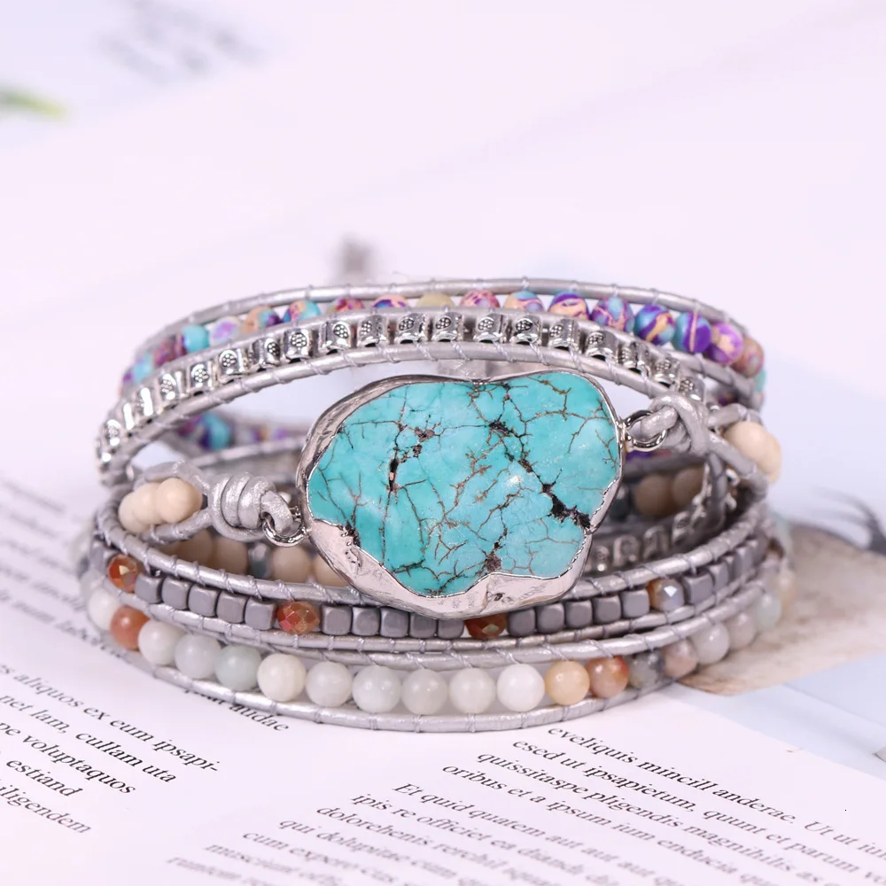 В богемном стиле Браслеты Натуральный камень Бусины-трубки кожаные браслеты с подвесками 5 нитей Обёрточная Бумага браслет в стиле бохо, длина-дружба браслет в подарок для Для женщин