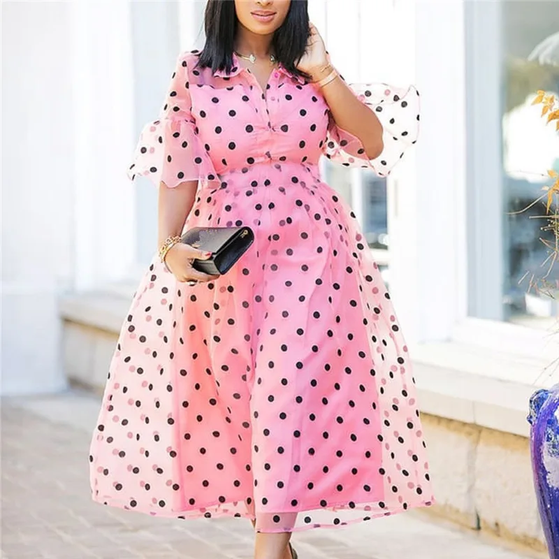 

2020 New Spring Summer Women Mesh Shirt Dress Plus Size Ruffle Polka Dot Lady Fashion Casual Pink Work Office Party Long Dresses