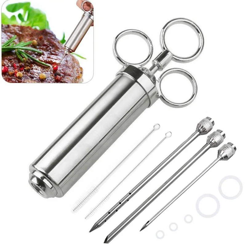 Turkey Condiment Syringe 2OZ 60ml Turkey Needles with Cleaning Brush Stainless Steel Roast Turkey BBQ Grill Tool Kitchen Gadgets - Цвет: Three-needle syringe