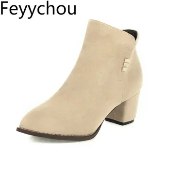 

Women's Boots Autumn Winter High Heel Warm Flock Zip Pointed Toe Ankle Metal Decoration 2019 New Sexy Fashion Black Size 34-45