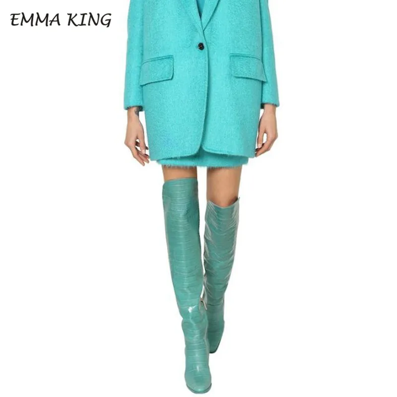 Knee Blue Emma king/Коллекция года; обувь на массивном каблуке с круглым носком; шикарная обувь на молнии; зимние пикантные сапоги до колена из крокодиловой кожи коричневого цвета для женщин; вечерние сапоги - Цвет: Knee Blue