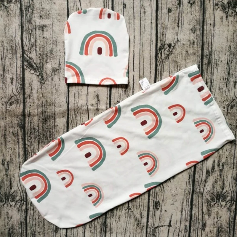 

Baby Newborn Printing Sleeping Bag with Hat Pure Cotton Swaddle Wrap Beanie Set R2JF
