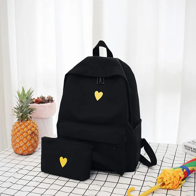 High Quality Canvas Printed Heart Yellow Backpack Korean Style Students Travel Bag Girls School Bag Laptop Backpack - Цвет: Черный