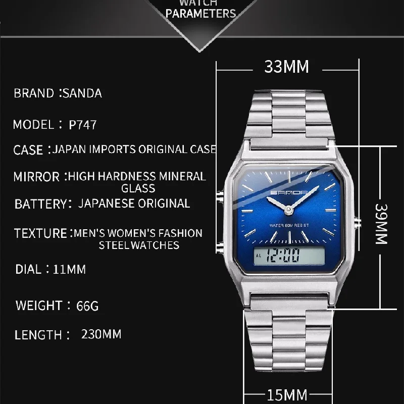 Retro Classic Men Watches SANDA 747 Dual Display Quartz Watch Man