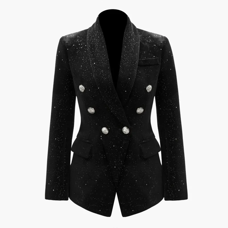 black Высокое качество Полный тела маленькие звезды блесток для женщин Slim Fit бархат Блейзер двубортный шаль воротник дамы вечерние пальто одежда - Цвет: black