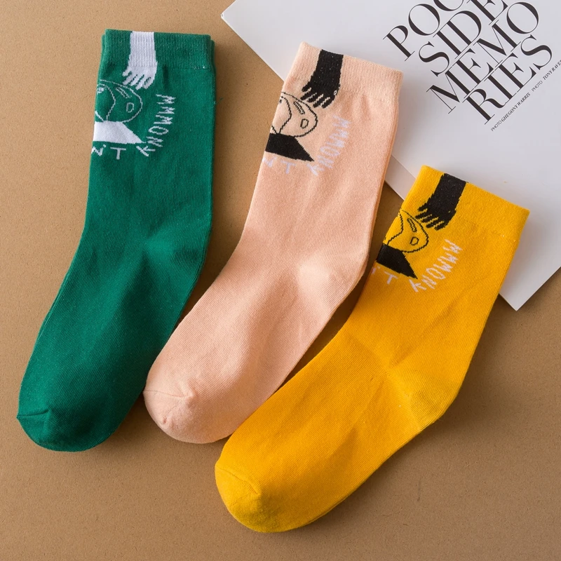 

New Cartoon abstract art socks happy socks women harajuku Popular Cotton ankle socks Simplicity Green yellow khaki Novelty socks
