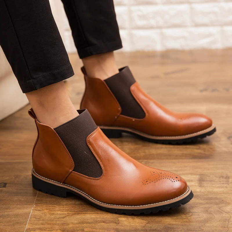 

Brogue Chelsea Boots Men Shoes Ankle Boots Men Footwear slip on genuine Leather Chelsea Boots For Men Autumn Shoes szie 38-46 a4