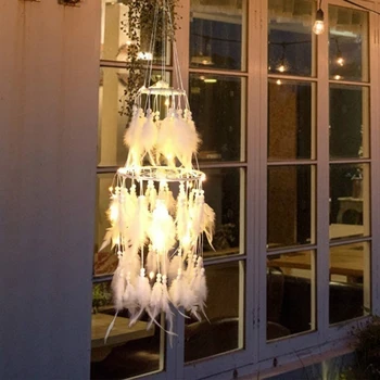 

LED Light Dreamcatcher Double-Deck Home Wedding Decoration Party Gift Dromenvanger Vintage Wind Chimes White Feather
