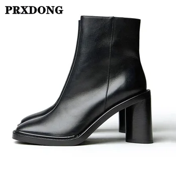 

2020 New Autumn Winter Shoes Woman Square Toe Thick High Heels Black Zipper Casual Concise Office Lady Working Basic Boots Shoes