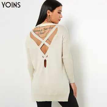 

YOINS 2020 Spring Autumn Winter Sweater Women Knitted Crossed Round Neck Long Sleeves Slit Irregular Hem Sweaters Casual Jumpers