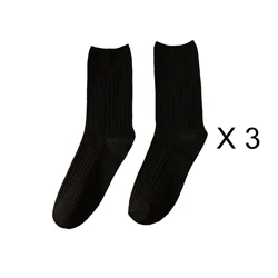 Elegant Retro Solid Color Long Cotton Socks for Women - 3 Pairs/Lot, Breathable Japanese Style Casual Wear (Black)