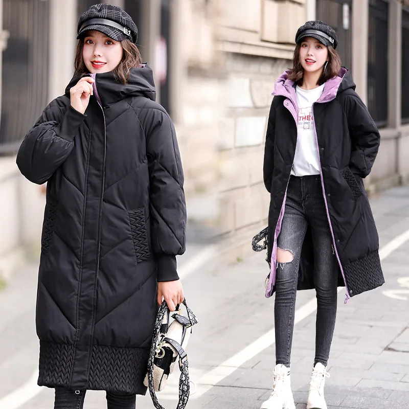 

Simple-Style Large Size Cotton Coat Winter Foreign Trade Thick Hooded Mid-length Cotton Coat down Feather Cotton-padded Clothes