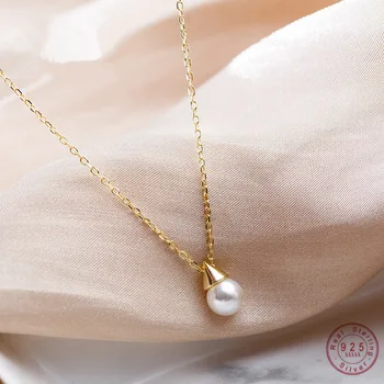 

925 Sterling Silver Simple Pearl Dmall Triangle Bulb Pendant Necklace Women Wedding Dress Jewelry Accessories Birthday Gift