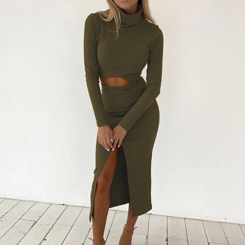 

Two Piece Long Sleeve Crop top and Skirt Set Women Spring Autumn Fashion Clothes Matching Sets Sexy Female Outfits Streetwear