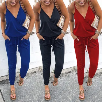 

Summer Sleeveless Cross V neck Sexy Spaghetti Strap Lace Up Jumpsuits Women Pockets Long Rompers Femme Playsuits Casual Overalls
