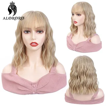

Alororo Blonde Wig With Bangs Short Synthetic Wigs Pink Green Blue Female Lolita Wig Cosplay Pelucas Naturales Wavy Hair