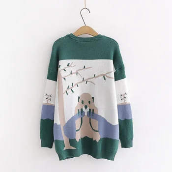 

H.SA 2019 Women Cartoon Sweater and Jumpers Animals Printed Green Knit Pullovers and Knit Tops Kawaii winter clothes women