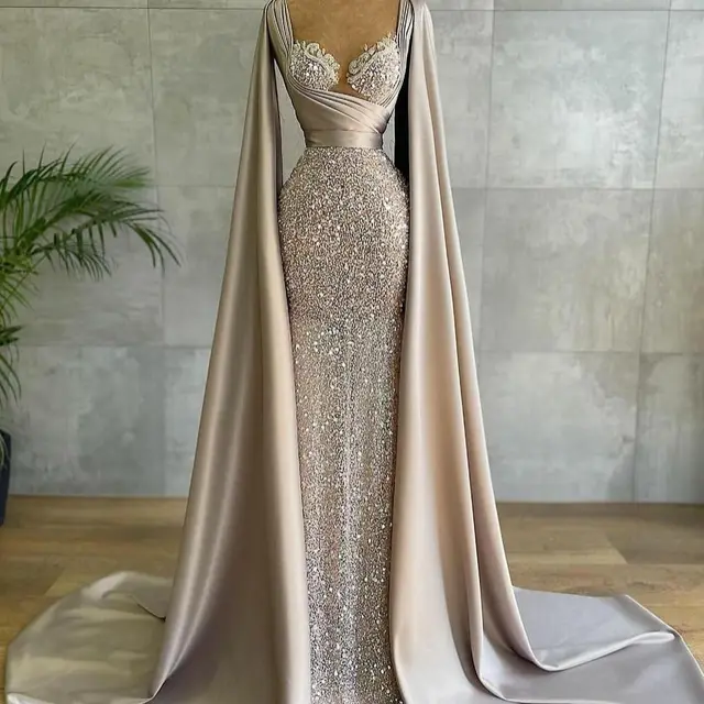 Arabic Glitter Sequined Evening Dresses with Cape Ruched Lace Sweetheart Prom Party Formal Women Gowns robe de soirée de mariage 6