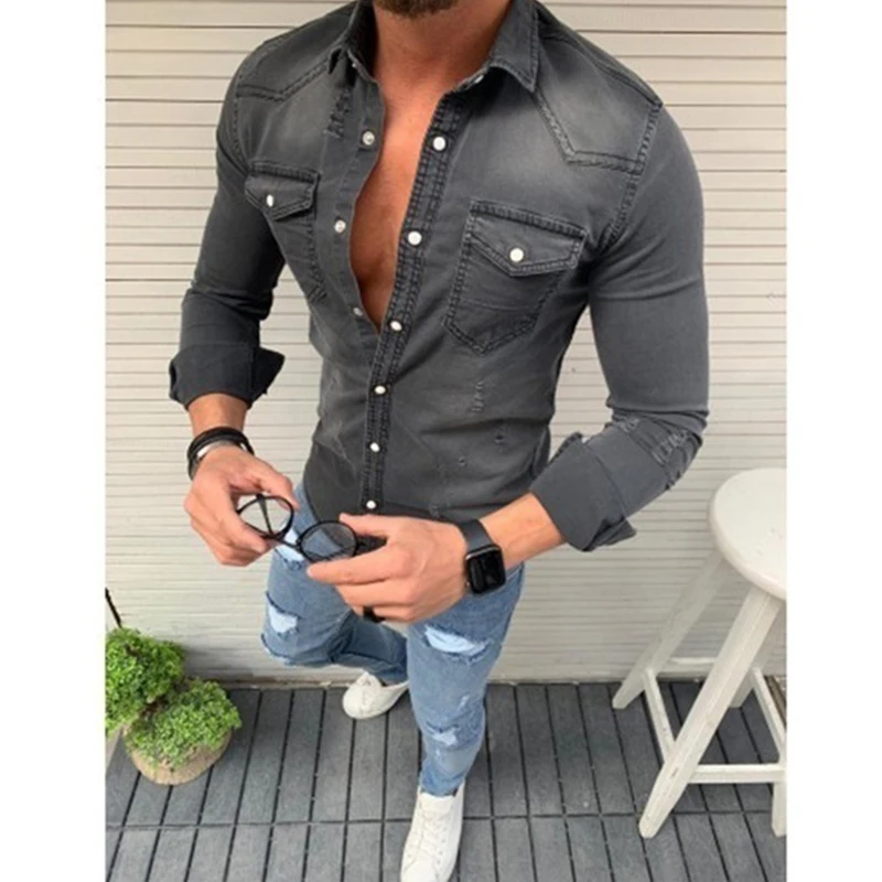Gray MJartoria мужские модные повседневные рубашки с отложным воротником и длинным рукавом, джинсовые рубашки с карманами, осенние джинсы, однотонные цветные куртки, Топ - Цвет: Gray
