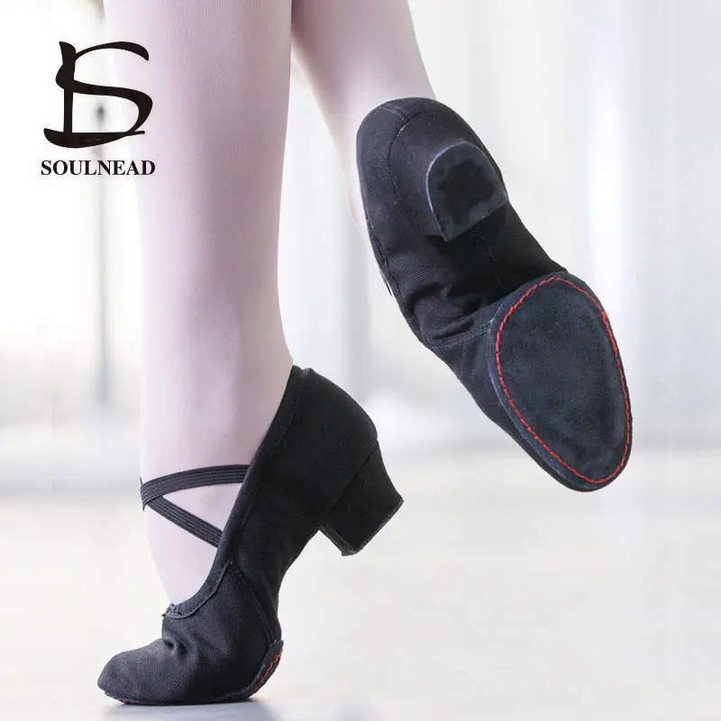 Женские танцевальные туфли парусиновые балетки мягкая подошва для девочек на низком каблуке Обувь для танцев розовый/черный/красный