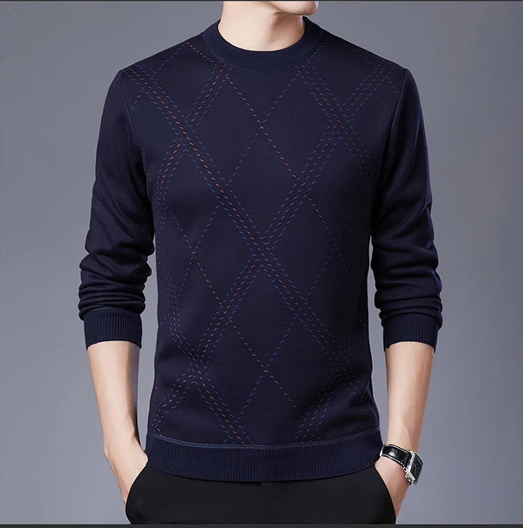 MIACAWOR брендовый свитер, мужской зимний флисовый теплый пуловер, мужской повседневный клетчатый вязаный свитер с круглым вырезом, Sueter Hombre Y228
