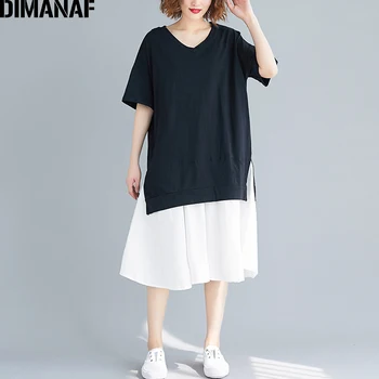 

DIMANAF Plus Size Summer Women Dress Sundress Elegant Lady Vestidos Casual Loose Cotton Spliced Solid Black Dress Clothing 2020