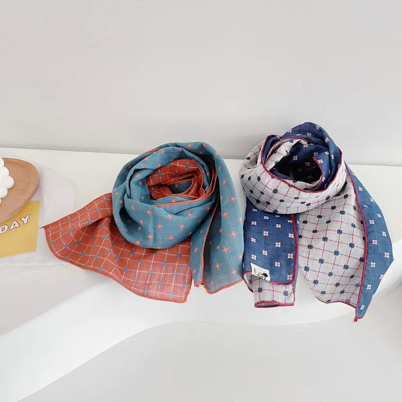 

New boy thin section long scarf color matching scarf girl cotton and linen plaid children scarf