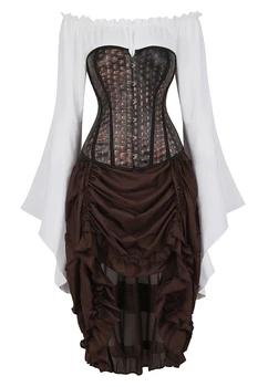 

Grebrafan Rockabilly Skull Cosplay Boned Corset with Pirate Skirt and Blouse 3 Piece Costume Steampunk Carnival Party