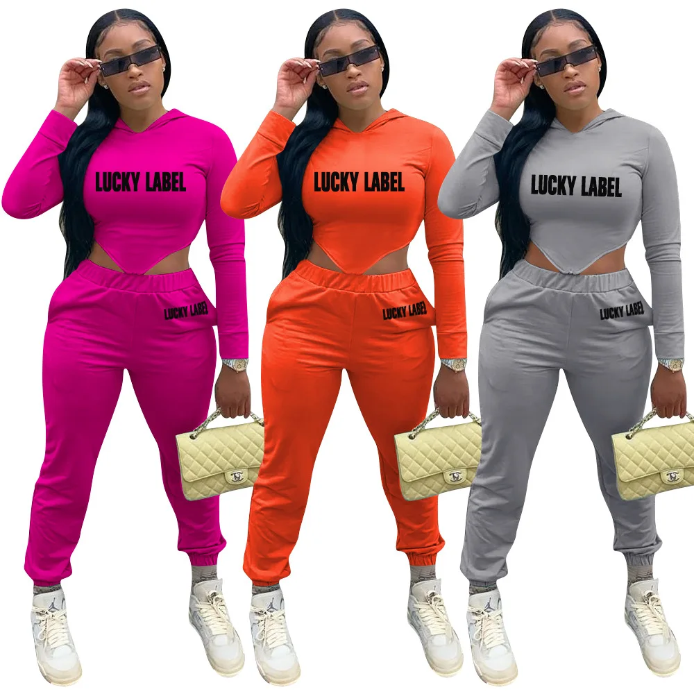 

Lucky Label Letter Print Sporty Casual Two Piece Sets Women Long Sleeve Hooded Crop Top and Elastic Waist Pant 2pcs Matching Set