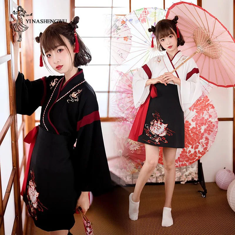 Japanese Dress Kimono Woman Black White Cat Embroidery Skirts Vintage Asian Clothing Yukata Haori Cosplay Party 2 Pieces Sets