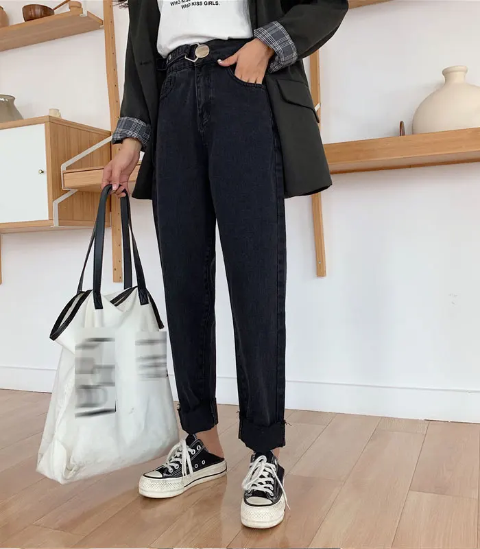 Loose Jeans Woman New Fashionthin Solid Color Big Buckle Straight Pants Wool Side Jeans Long Pants Women High Waist Woman