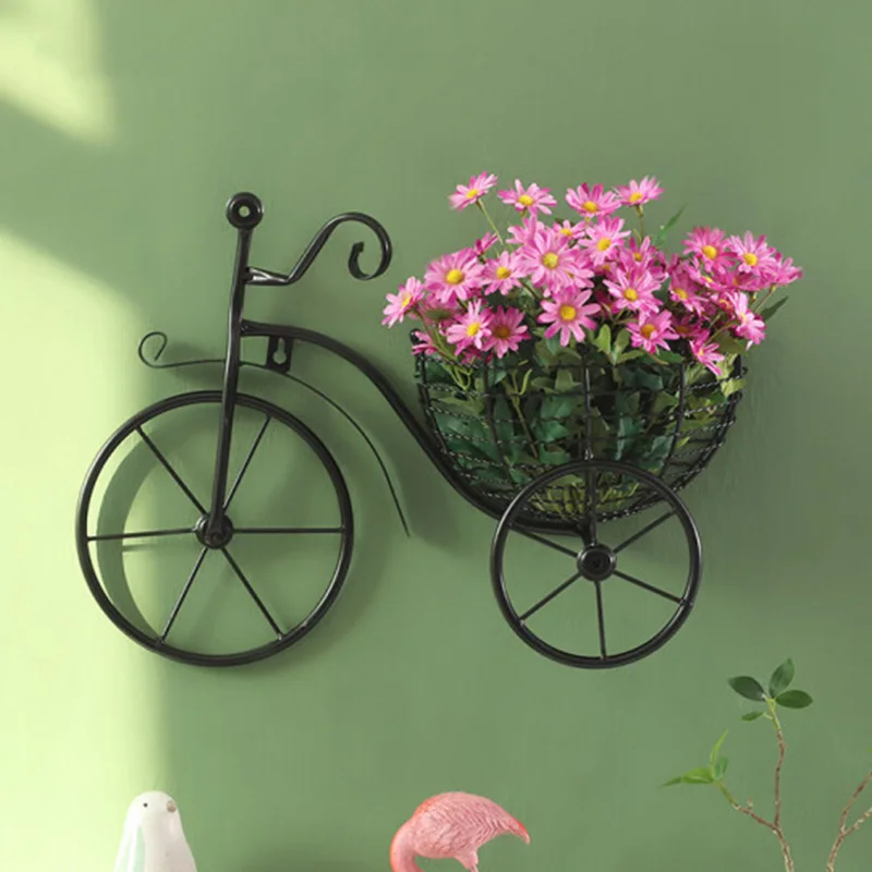 Metal Bicycle Flower Basket Wall Art Wall Mount Hanging Flawer Rack Unique Art Ornaments Classic Retro Style for Home Decor ornament crafts