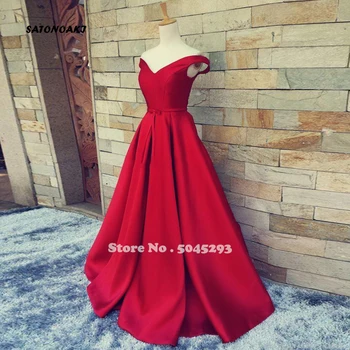 

SATONOAKI 2019 Simple Dark Red Prom Dresses V Neck Off The Shoulder Ruched Satin Custom Made Backless Evening Gowns Real Image