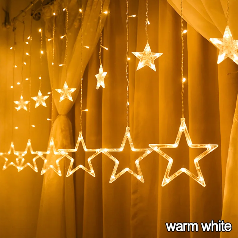 thumbnail image 1 of Cortina de luces navideñas para ventana, 2,5 m, 138 LED, 8 modos, guirnalda decorativa de estrellas para fiestas, bodas y habitaciones, 1 of 5