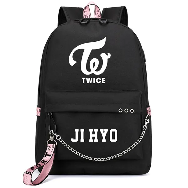 thumbnail image 1 of Mochila con estampado de la banda coreana TWICE, mochila de lona para mujer, mochila femenina con carga USB para ordenador portátil, mochila para mujer, 1 of 5