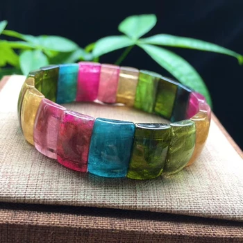 

Certificate Natural Colorful Tourmaline Clear Rectangle Beads Bracelet 16.2/10.7mm For Women Men Stretch Crystal Bangle AAAAA