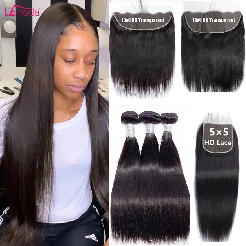 13x4 13x6 HD Transparent Lace Frontal With Bundles Straight Human Hair Bundles With Closure Brazilian Weave Extensions