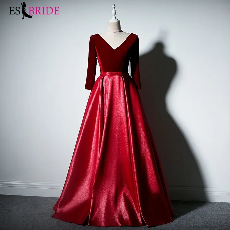 

Sexy Red Evening Dresses Long Satin A-Line Double V-Neck Elegant Formal Dresses Long Party Gowns 2019