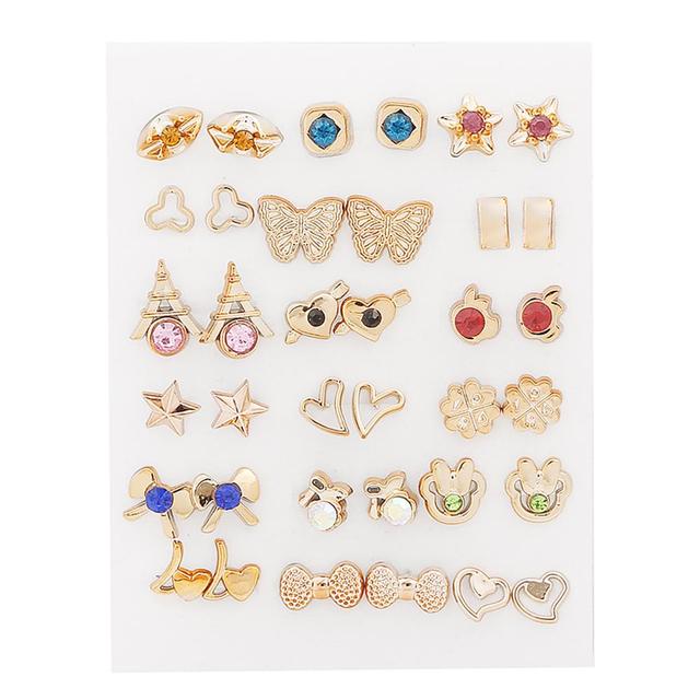 Women Plastic Crystal Small Stud Earrings Set Girl Heart Star Animal Moon Crown Sun Flower Earring Brincos Jewelry