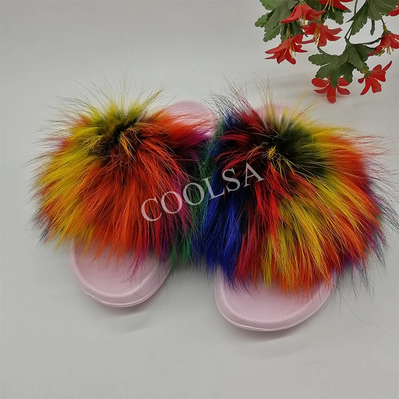 

COOLSA New Ladies Candy Color Fox Fur Slippers Sweet Pink Shoes Women Fluffy Travel Fur Slides Fashion Beach Plush Flip Flops