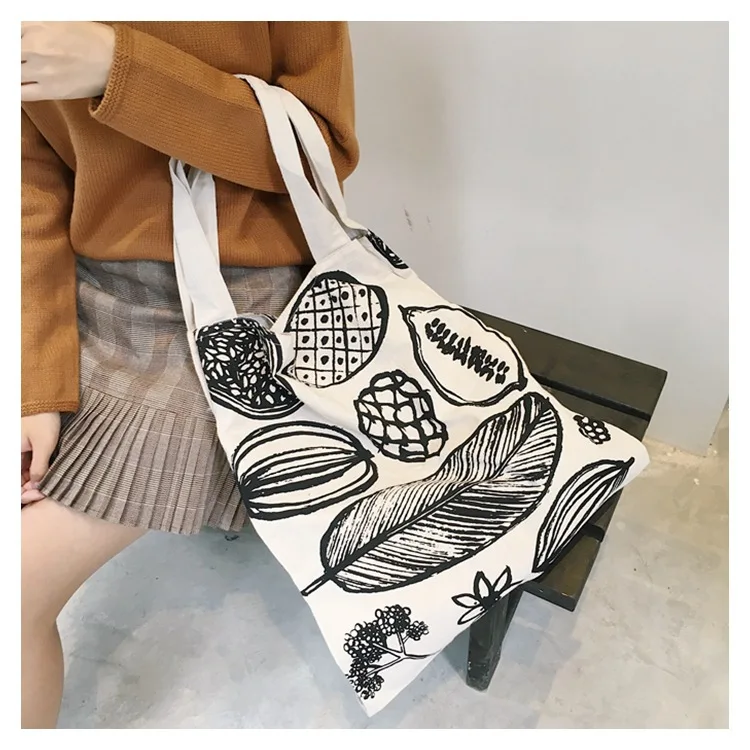 

New Style South Korea INS Large-Volume Three Grid Handmade Cloth Bag Simple One-Shoulder Printed Canvas Bag Women's