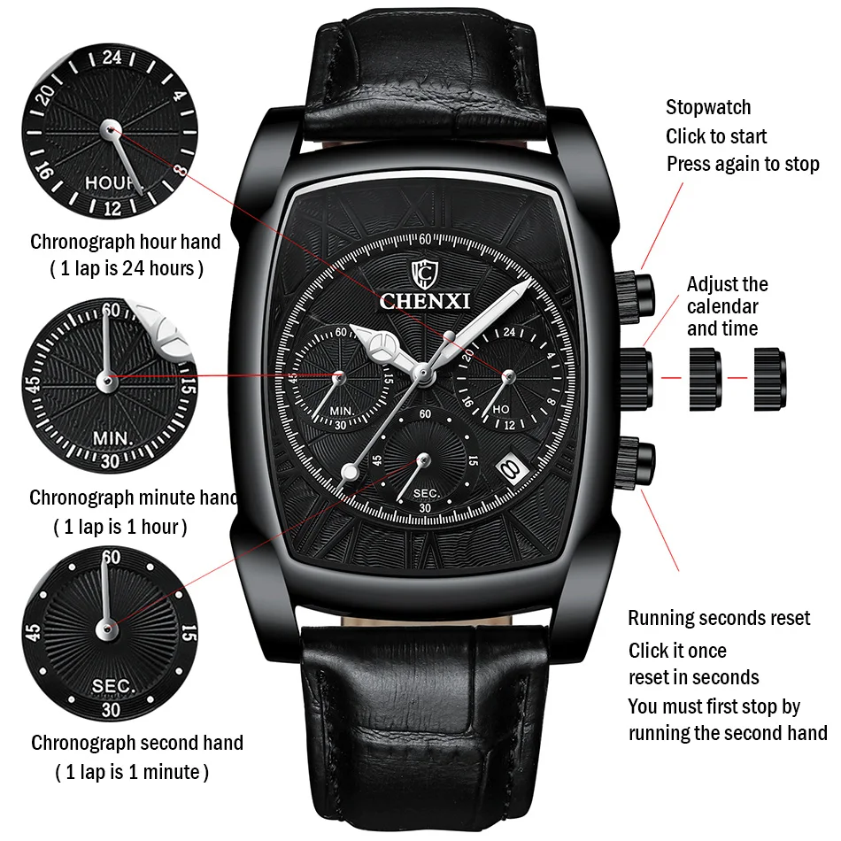 Fashion Rectangle Men Business Watches Calendar Chronograph Genuine Leather Casual Luxury Male Wristwatch Waterproof Big Dial